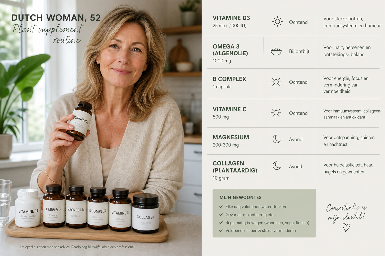 Nederlandse vrouw 52+ plantaardige supplementroutine