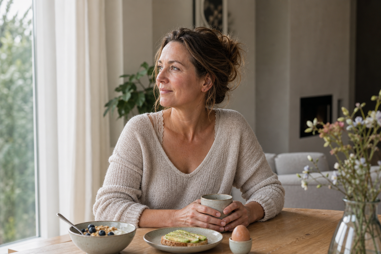 Nederlandse vrouw 47+ moe aan keukentafel bij ochtendlicht