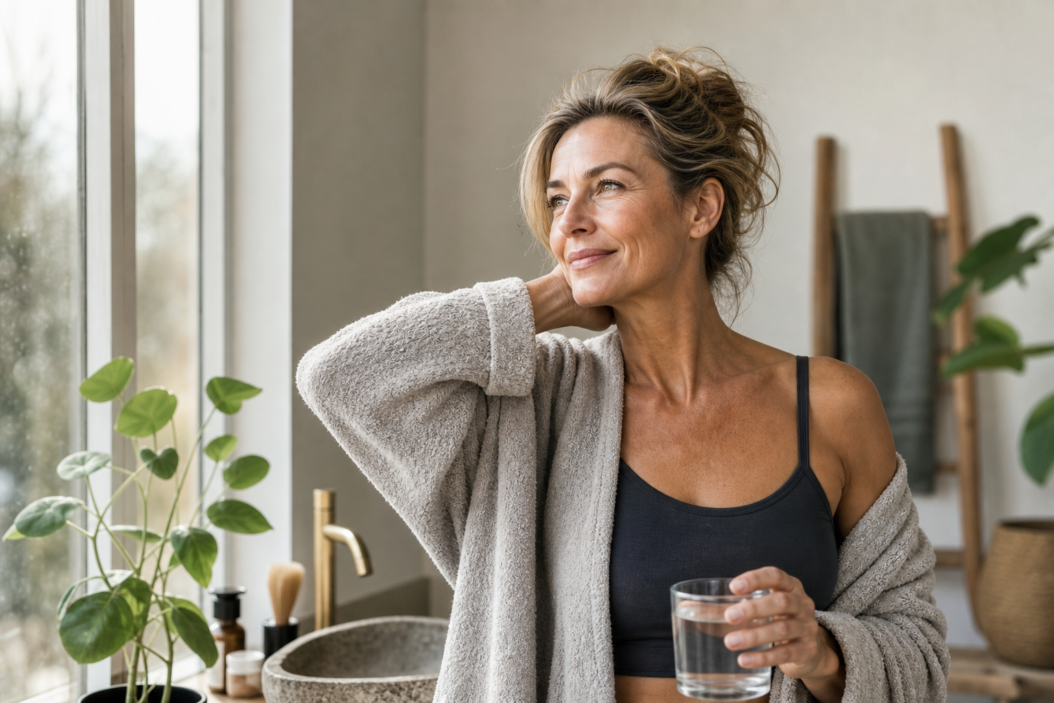 Nederlandse vrouw 49+ energieke ochtend bij raamlicht