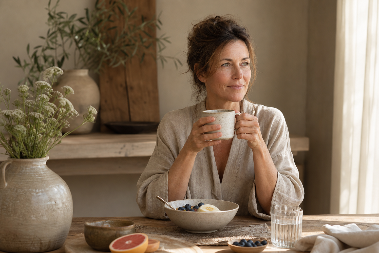 Nederlandse vrouw 49+ rustige ochtendroutine met gezonde ontbijttafel