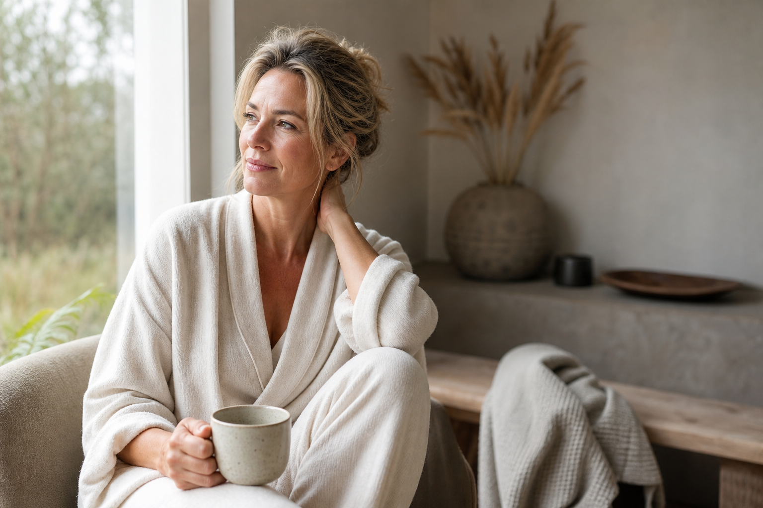 Nederlandse vrouw 49+ peinzend bij ochtendlicht