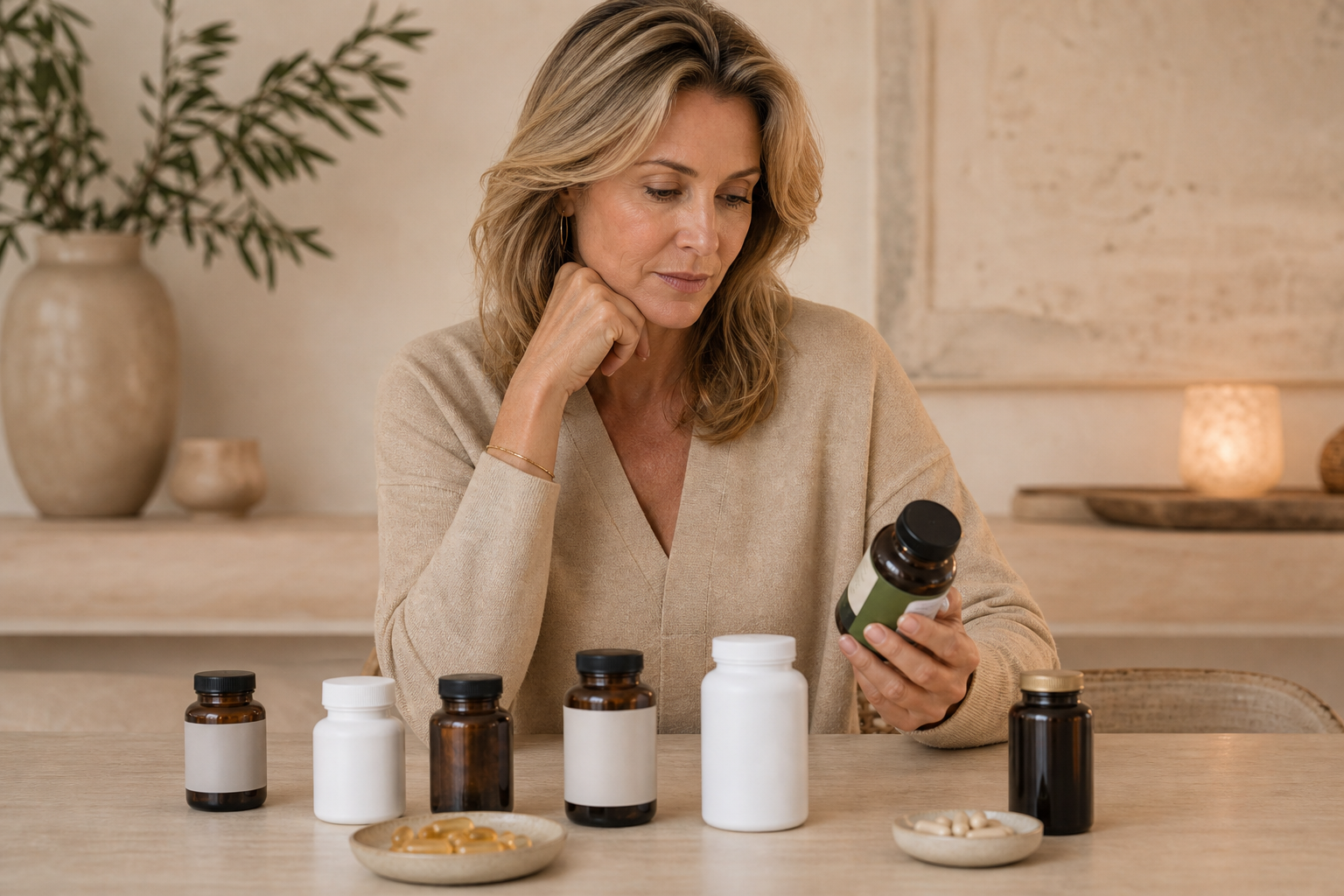 Nederlandse vrouw 49+ vergelijkt multivitamines aan tafel