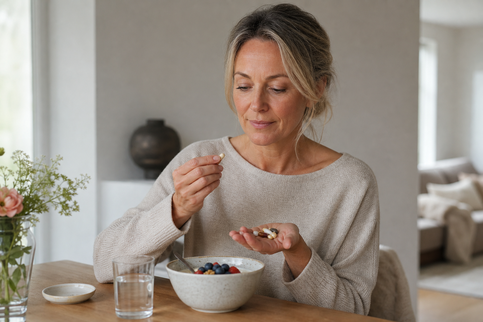 Nederlandse vrouw 50+ supplementen bij ontbijt en avondroutine