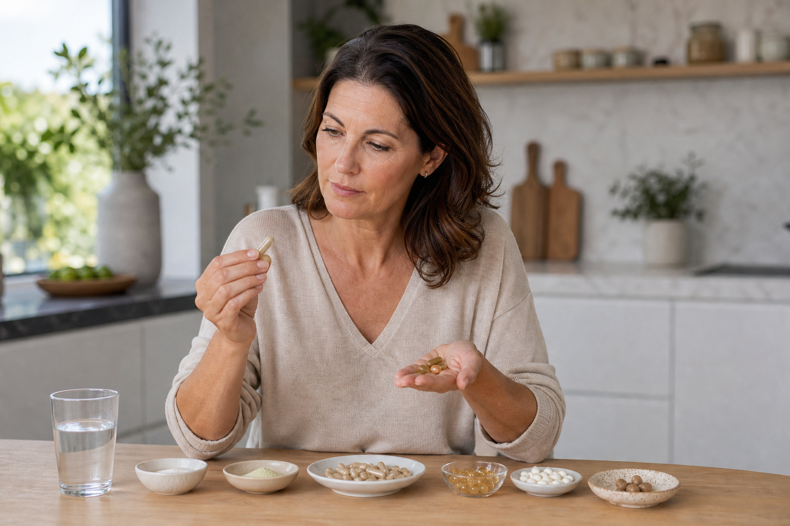 Nederlandse vrouw 49+ vergelijkt supplementvormen aan keukentafel