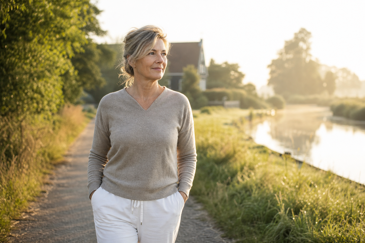 Nederlandse vrouw 55+ wandelt in ochtendzon