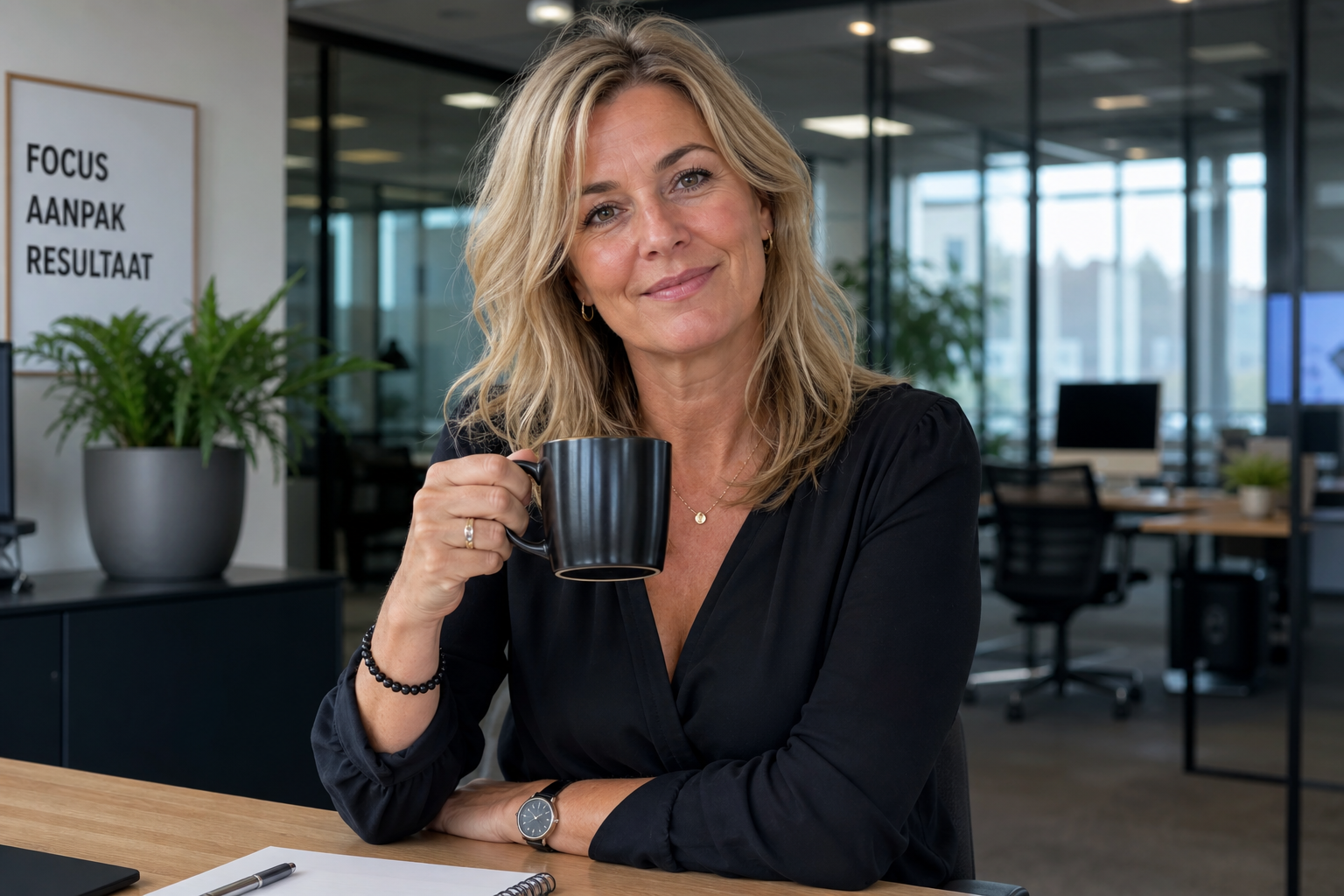 Nederlandse vrouw 49+ koffiepauze op kantoor