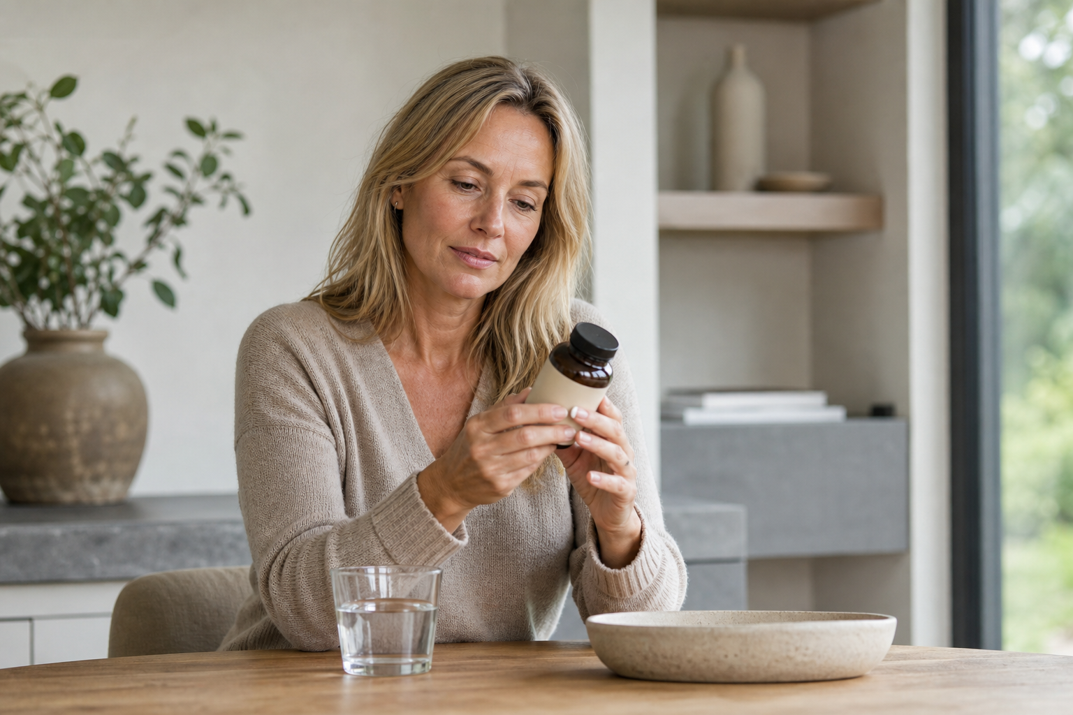Nederlandse vrouw 51+ leest rustig supplementinformatie