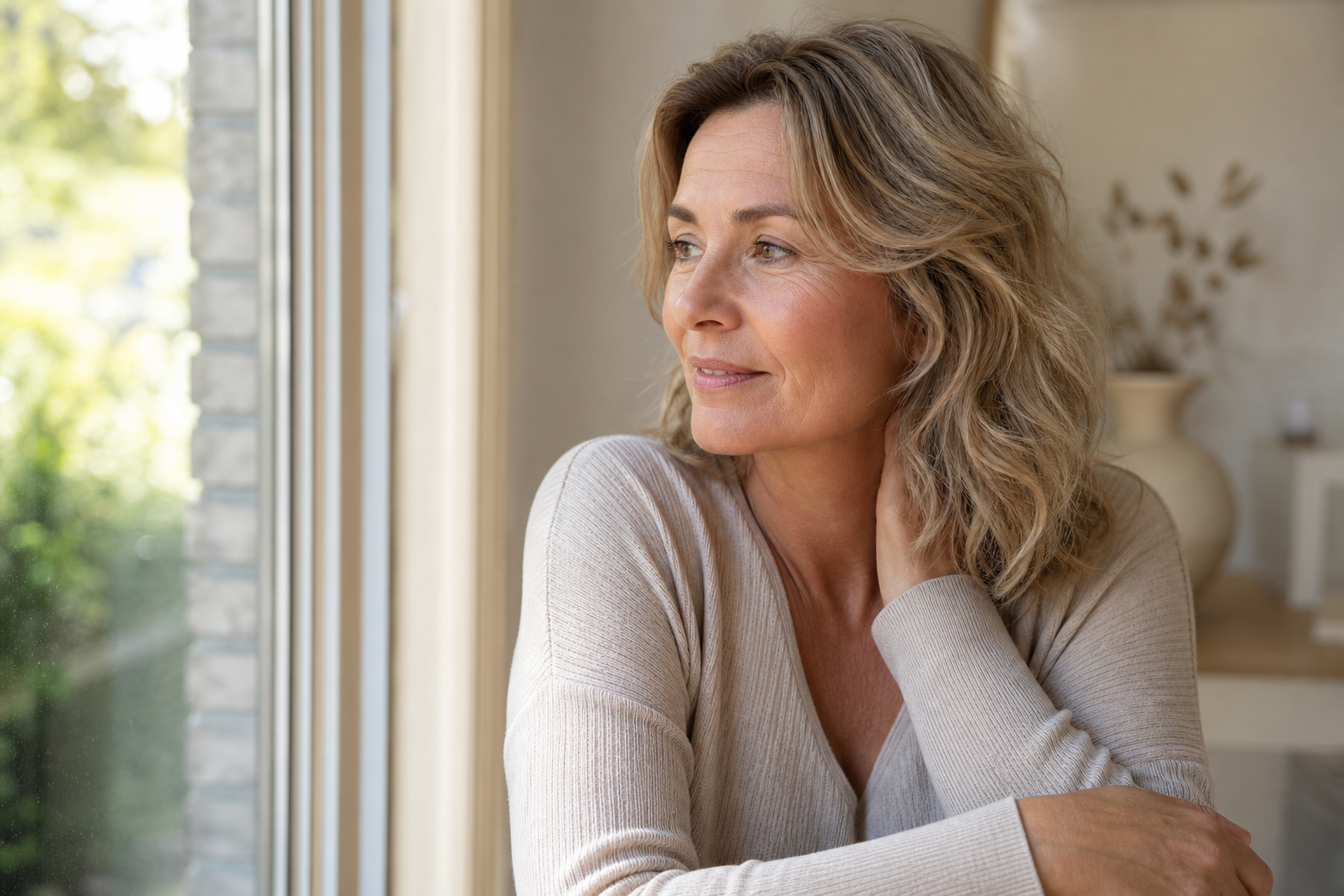 Nederlandse vrouw 45+ rustig bij raam met ochtendlicht