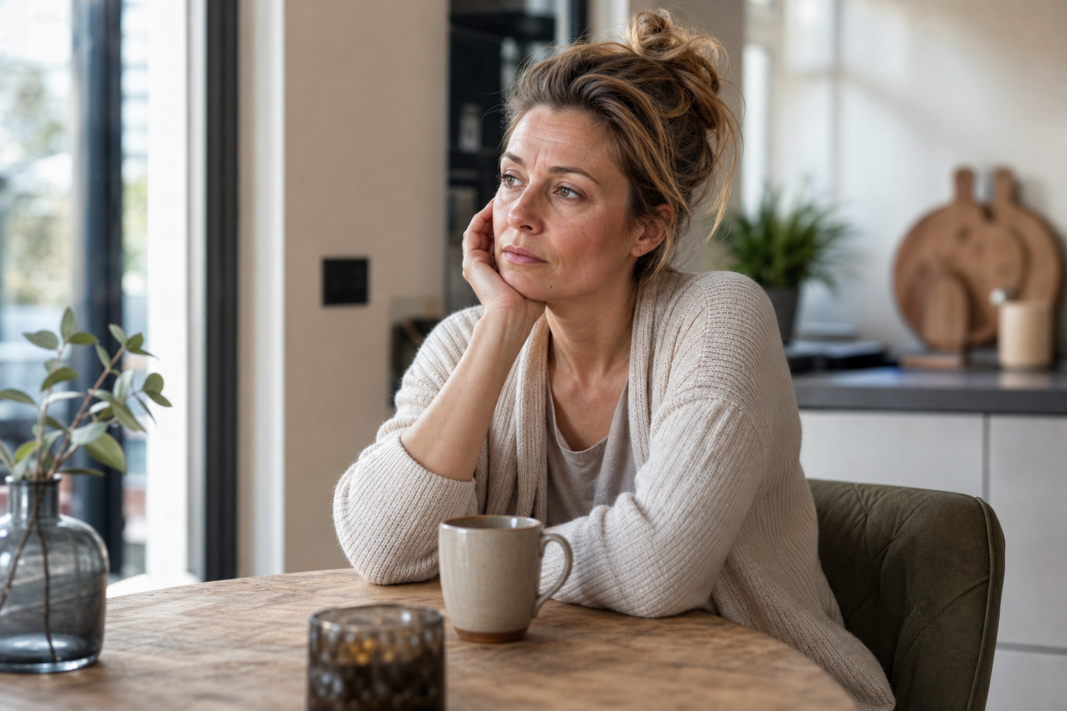 Nederlandse vrouw 46+ moe aan keukentafel bij ochtendlicht