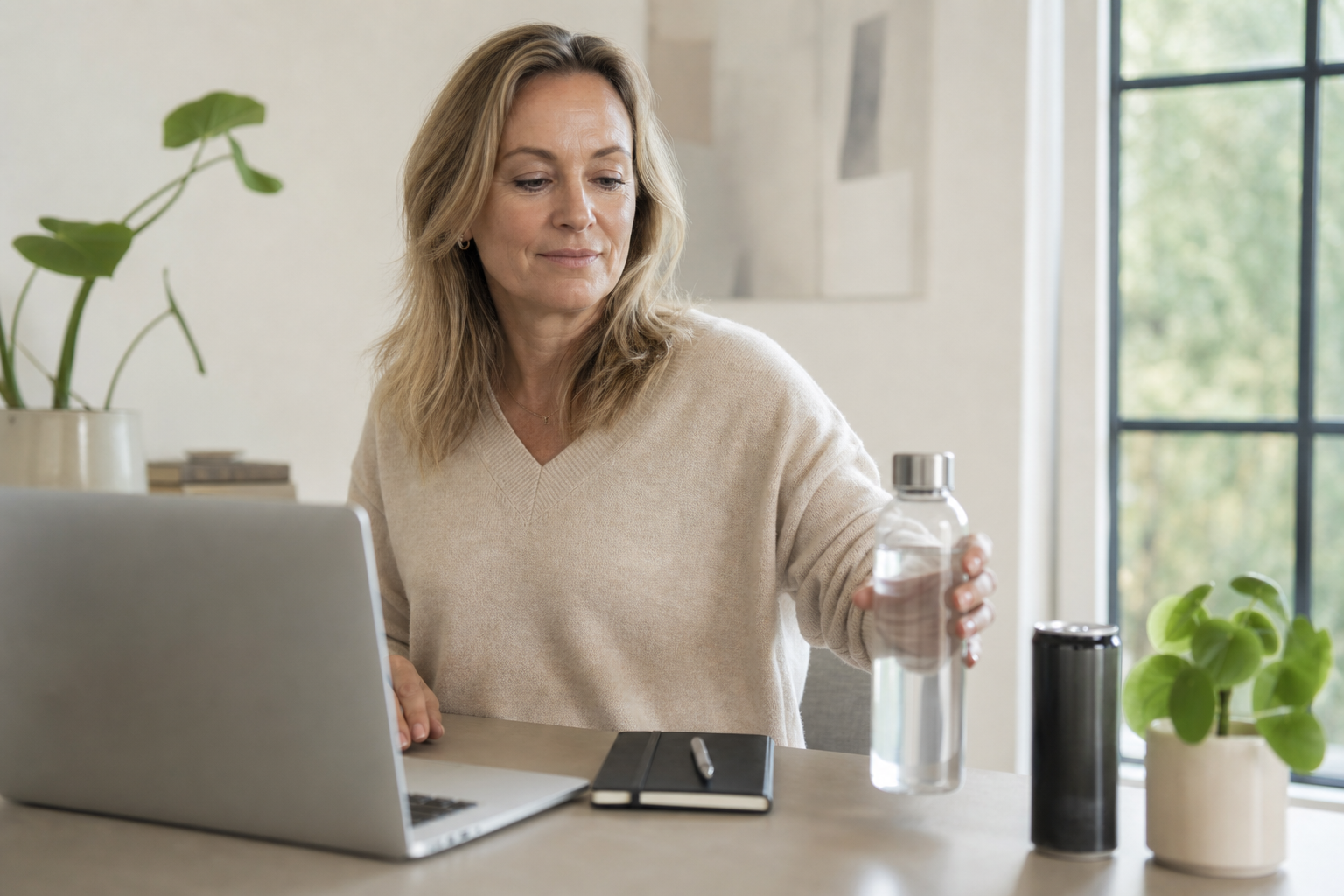 Nederlandse vrouw 47+ kiest water in plaats van blikje op bureau
