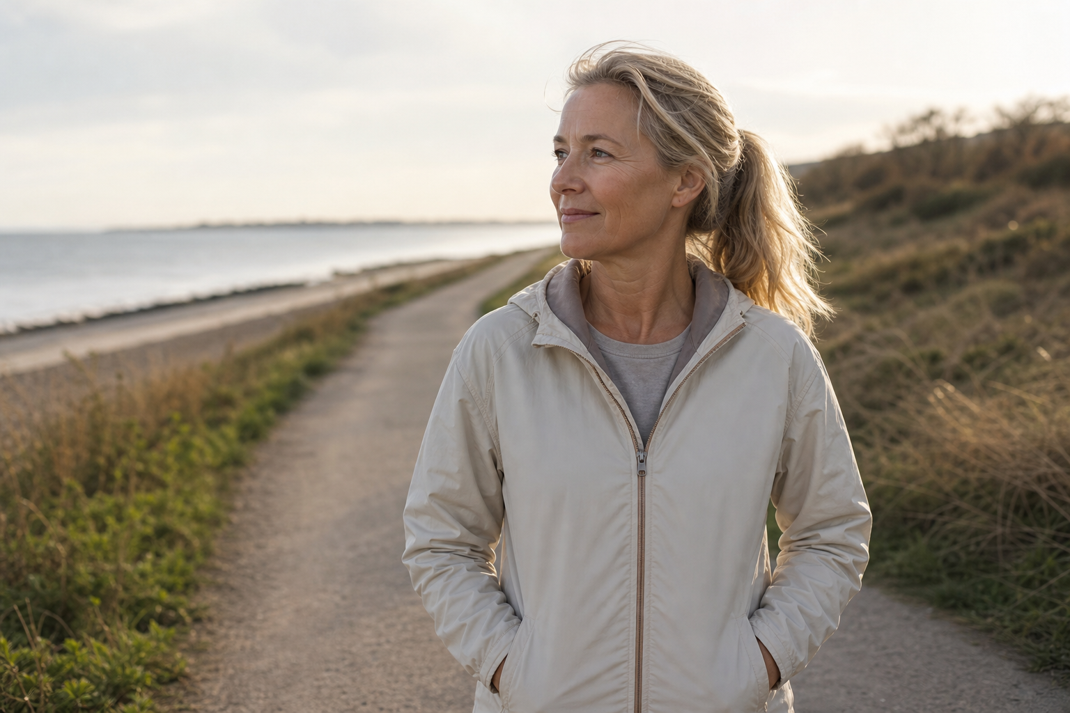 Nederlandse vrouw 50+ energieke ochtendwandeling in ochtendlicht