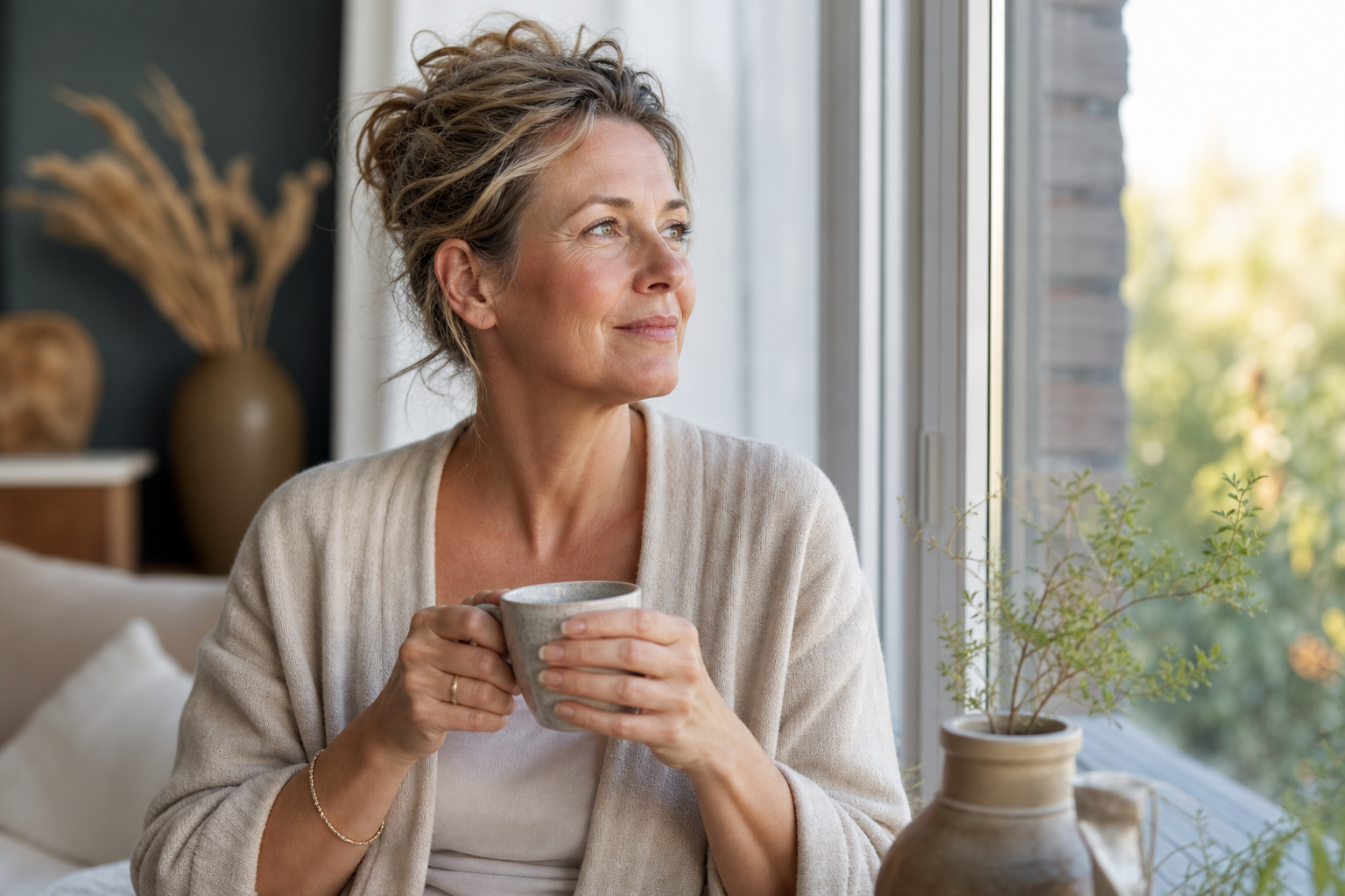 Nederlandse vrouw 52+ rustige ochtendroutine met thee