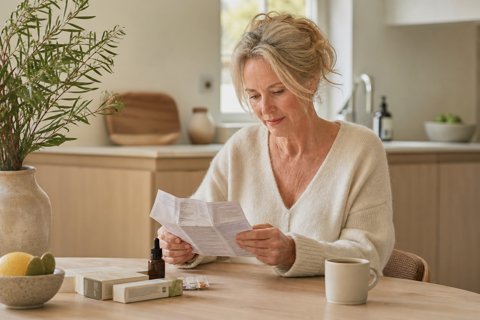 Nederlandse vrouw 55+ leest rustig informatie aan keukentafel