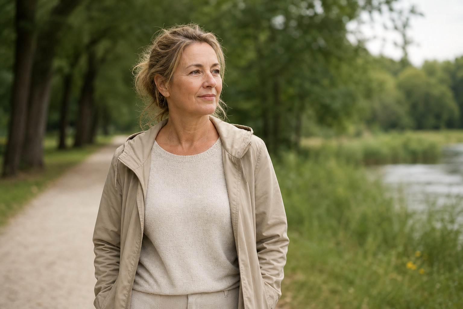 Nederlandse vrouw 52+ in sportkleding op rustige wandeling