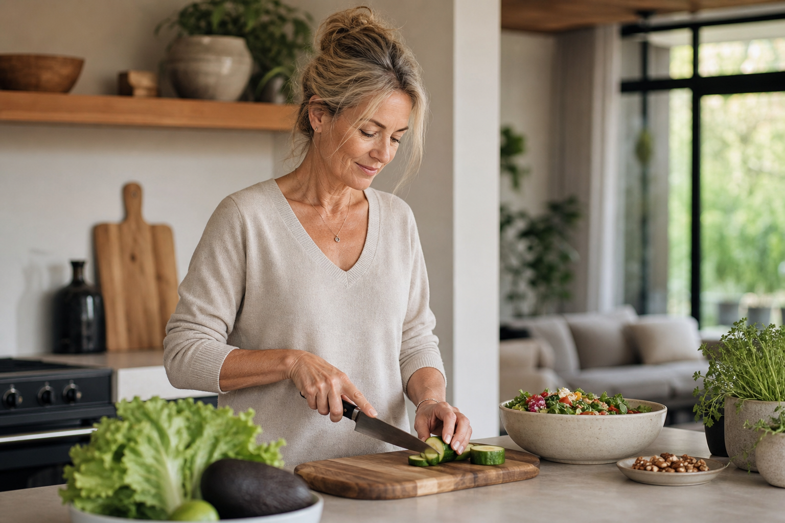 Nederlandse vrouw 51+ bereidt gezonde maaltijd in keuken