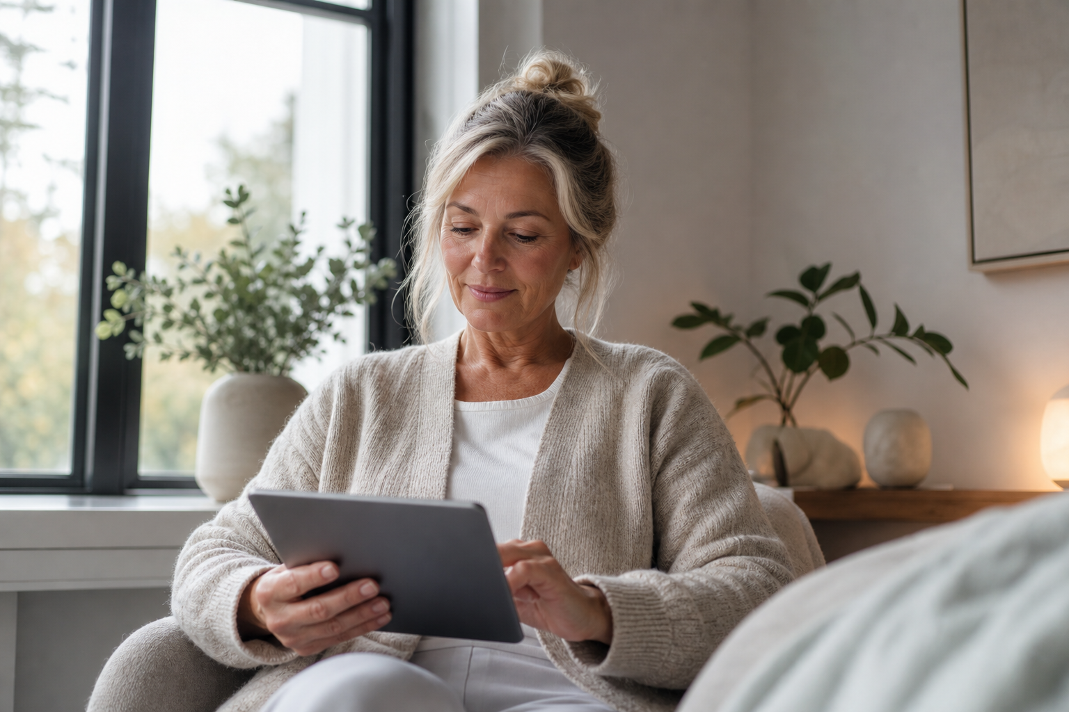 Nederlandse vrouw 50+ leest betrouwbare info op tablet bij raam