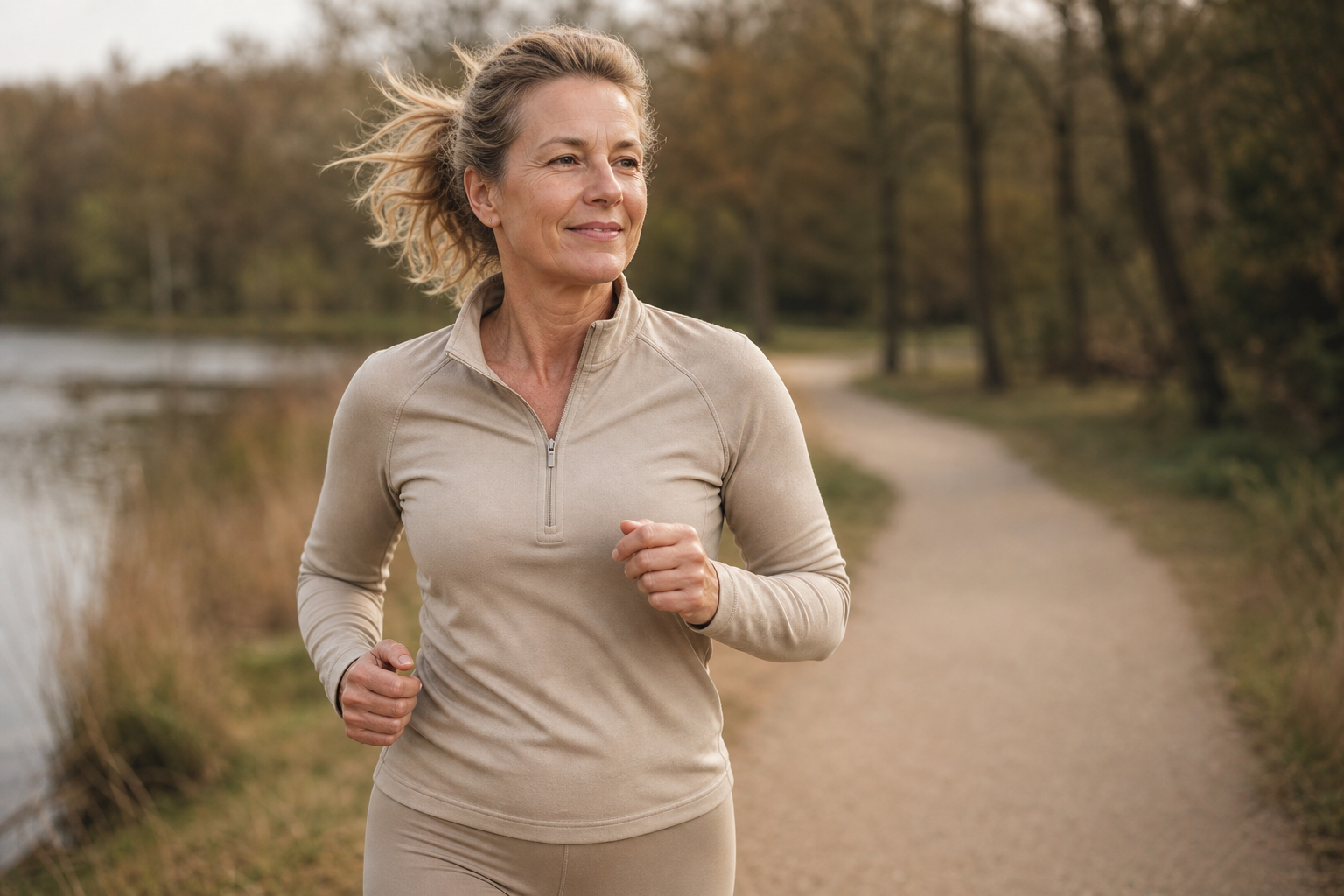 Nederlandse vrouw 54+ wandelt/jogt buiten in park