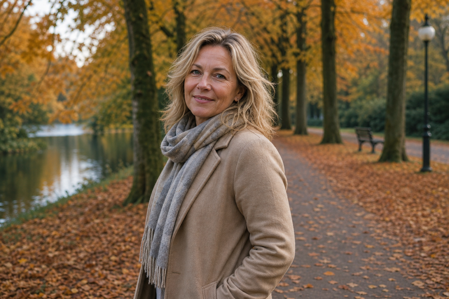 Nederlandse vrouw 53+ wandelt in herfstpark