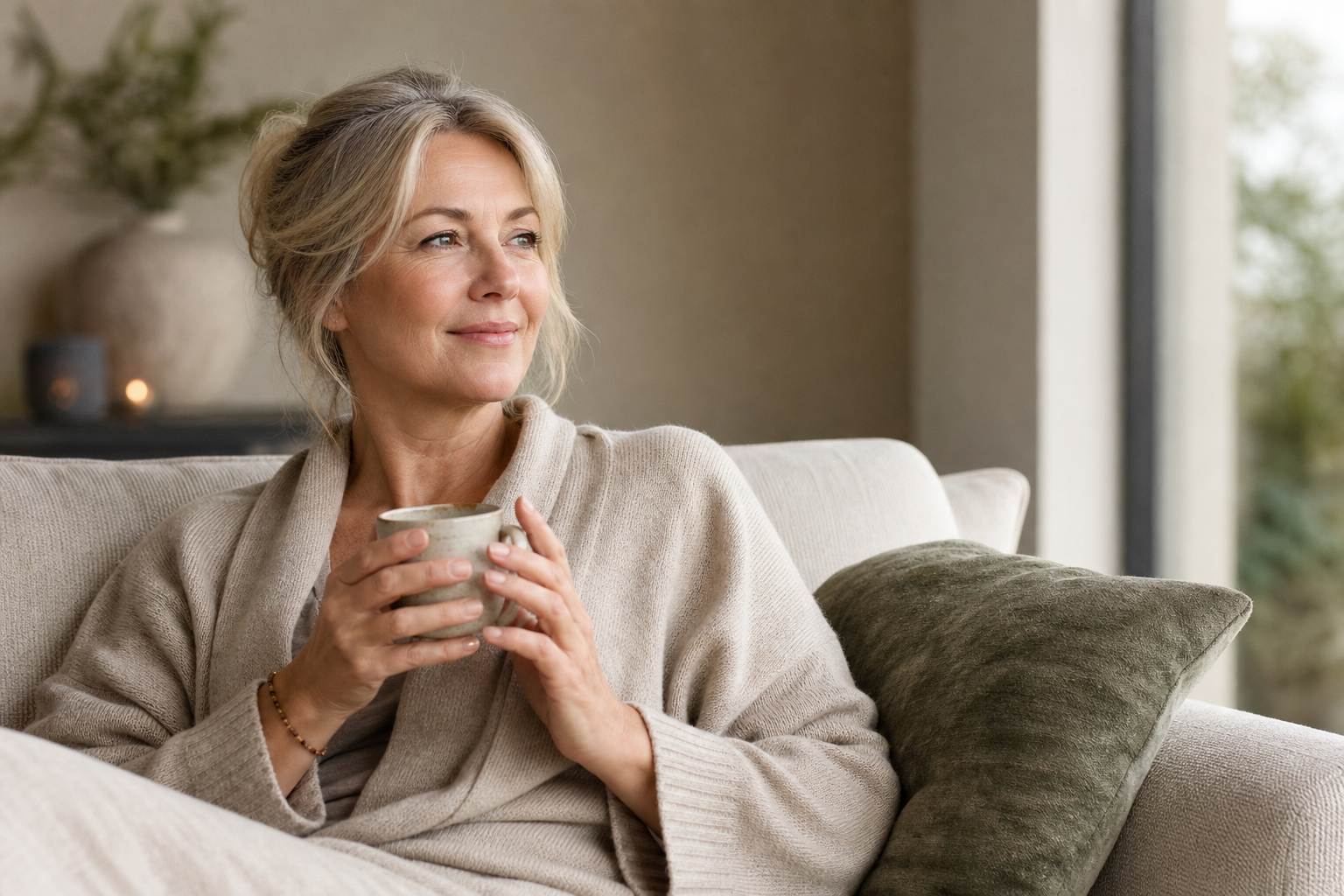 Nederlandse vrouw 50+ rustig thee drinken op bank