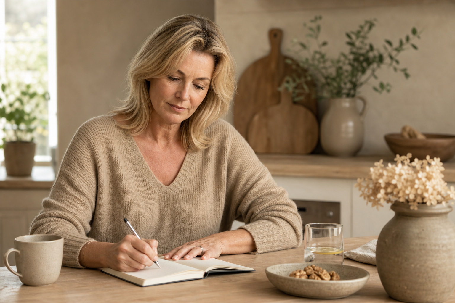 Nederlandse vrouw 55+ noteert klachten aan keukentafel