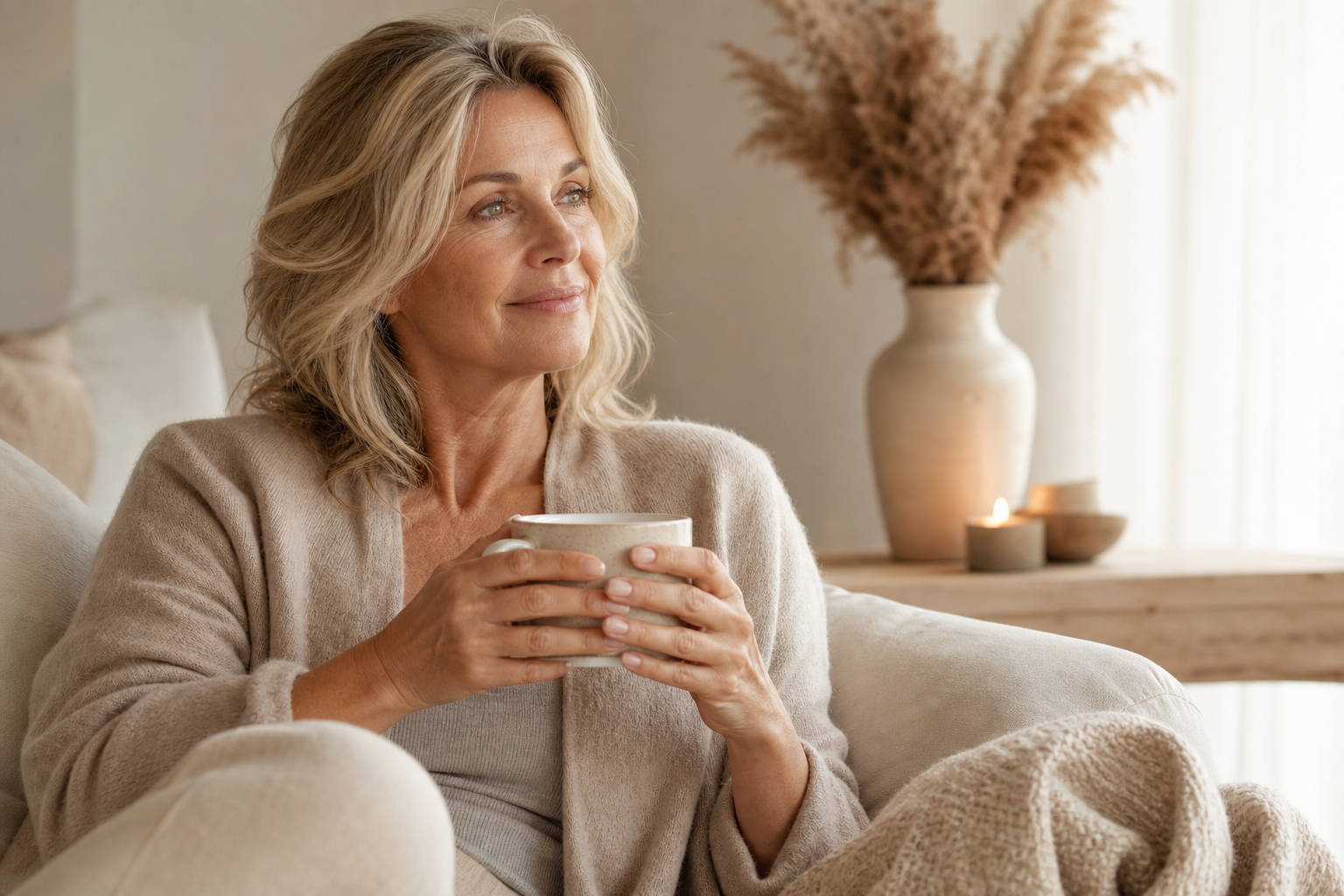 Nederlandse vrouw 54+ rust thuis met thee