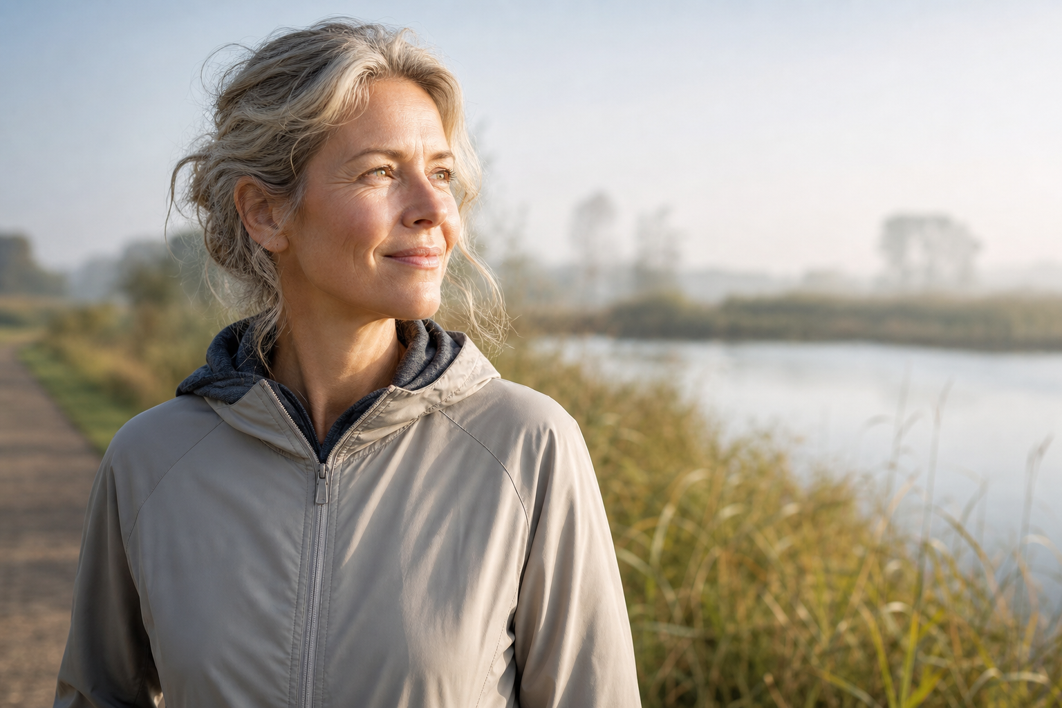 Nederlandse vrouw 50+ wandelt frisse ochtend buiten