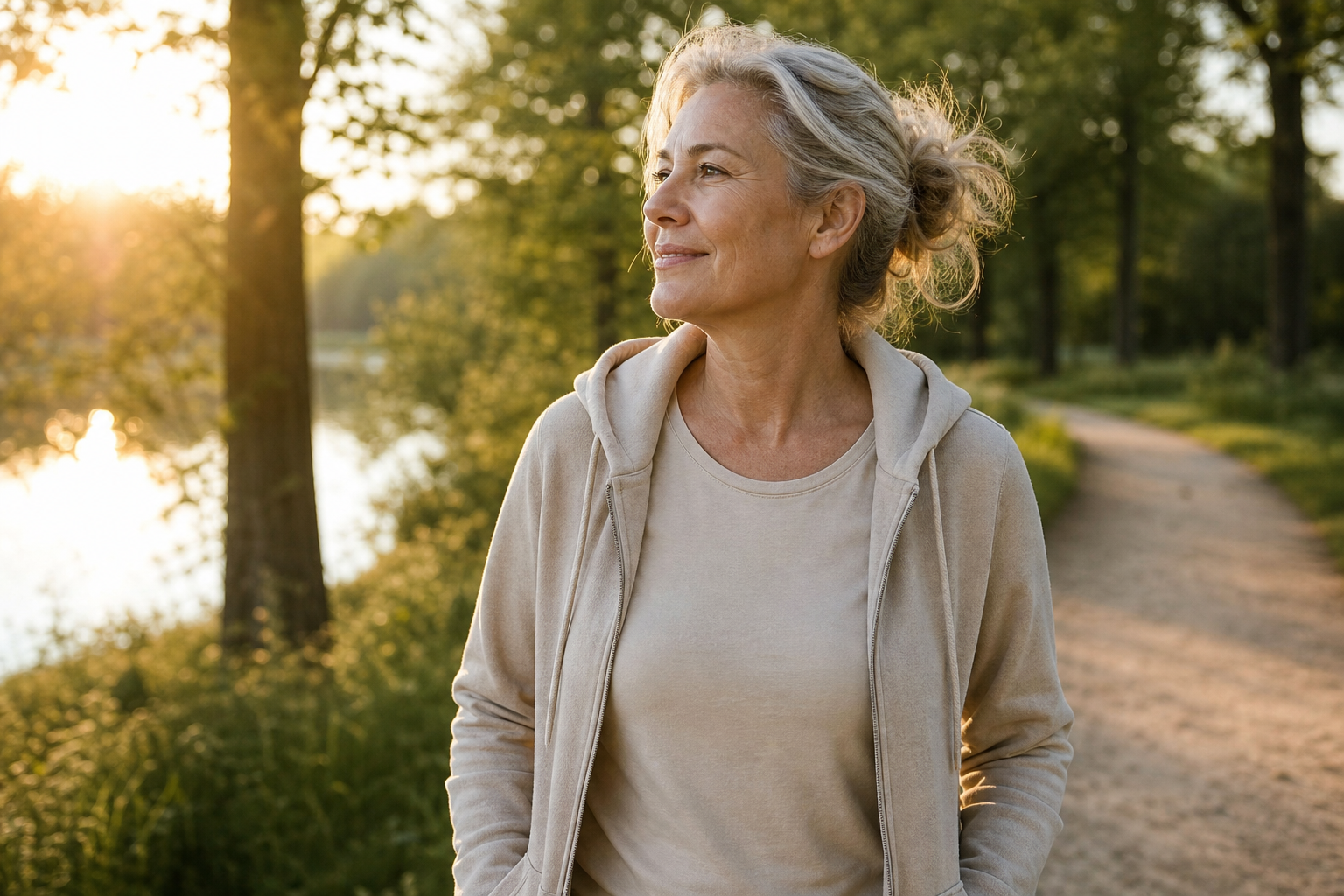 Nederlandse vrouw 54+ actieve wandeling in park