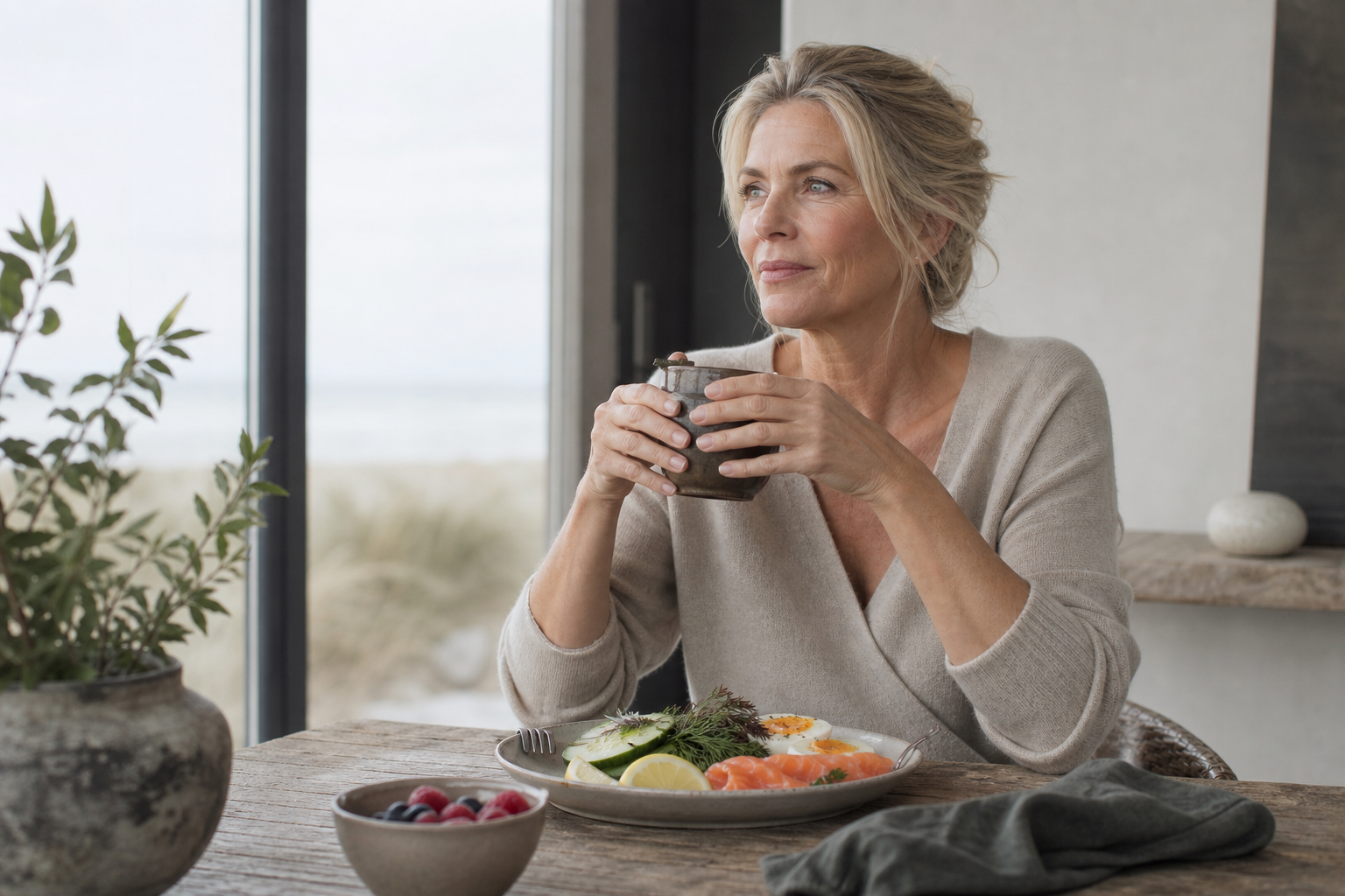 Nederlandse vrouw 52+ ontbijt met vis en groente