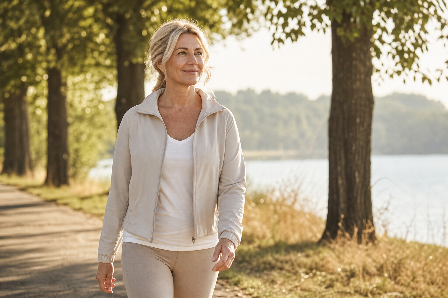 Nederlandse vrouw 53+ wandelt in ochtendzon