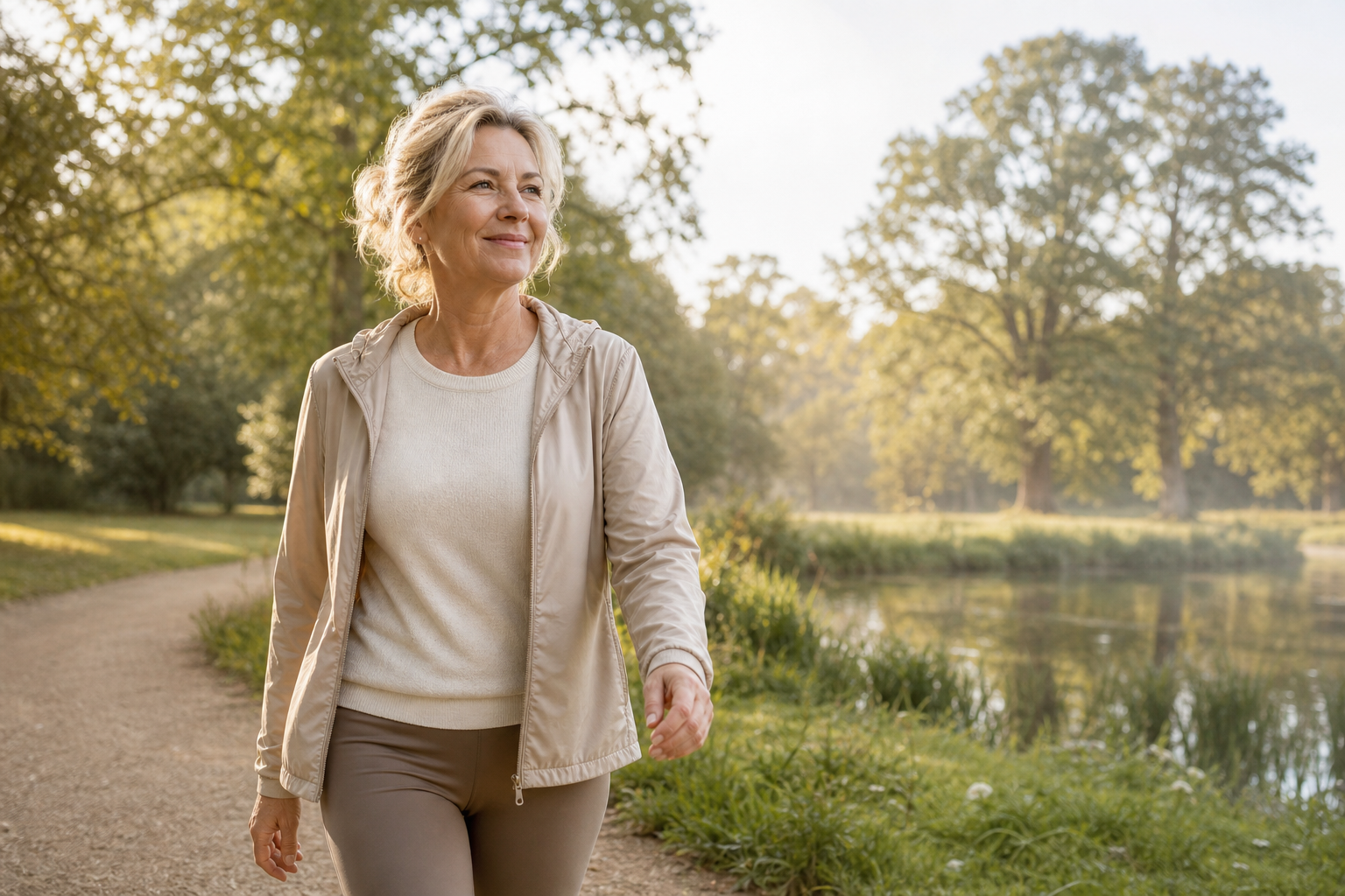 Nederlandse vrouw 54+ energieke ochtendwandeling