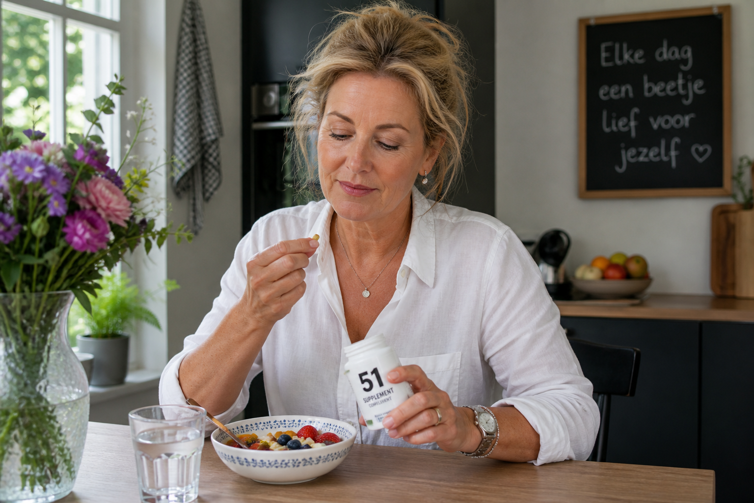 Nederlandse vrouw 51+ supplement bij ontbijt