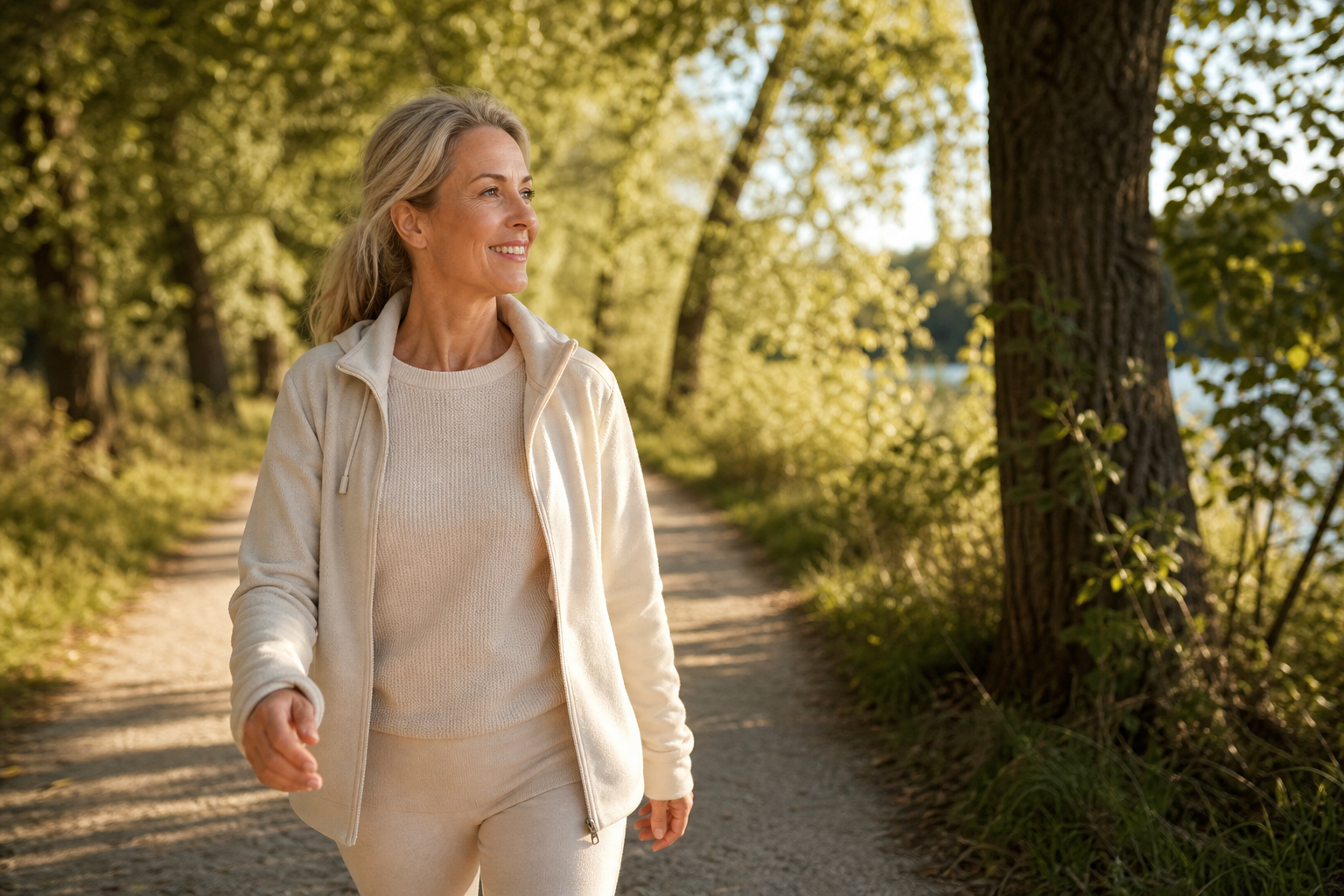 Nederlandse vrouw 52+ actieve wandeling in ochtendzon
