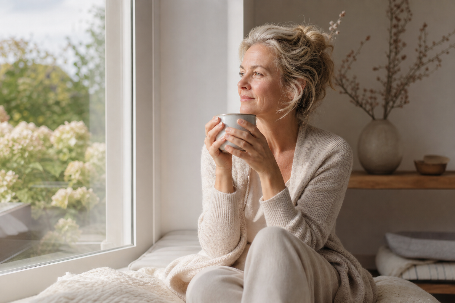 Nederlandse vrouw 52+ rustige ochtendroutine bij raam