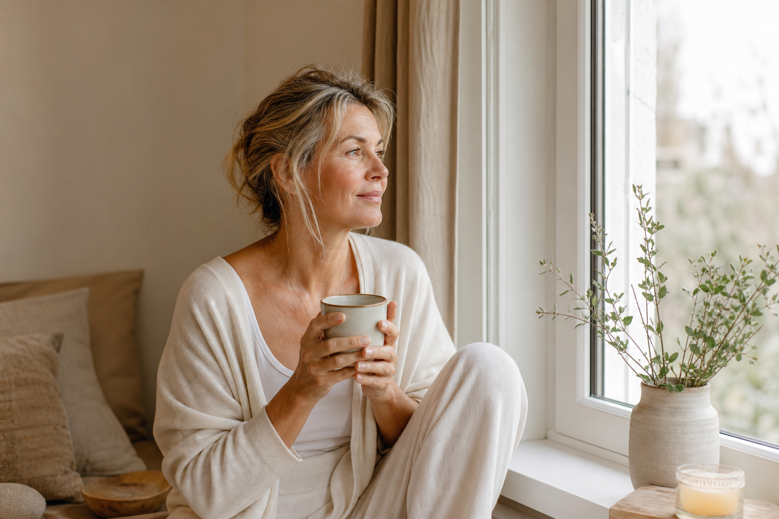 Nederlandse vrouw 48+ rustige ochtendroutine bij raam