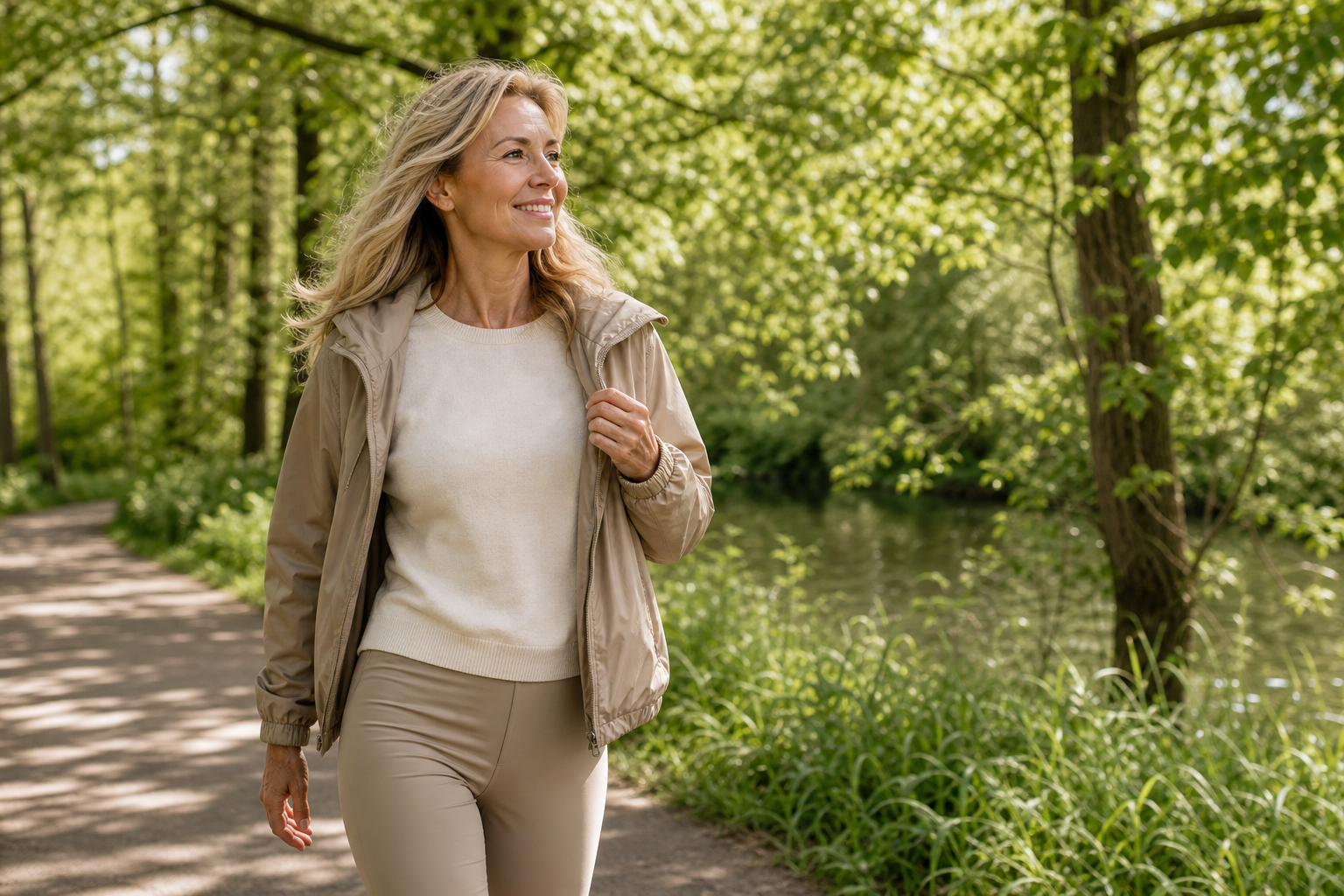 Nederlandse vrouw 50+ energieke ochtendwandeling in park
