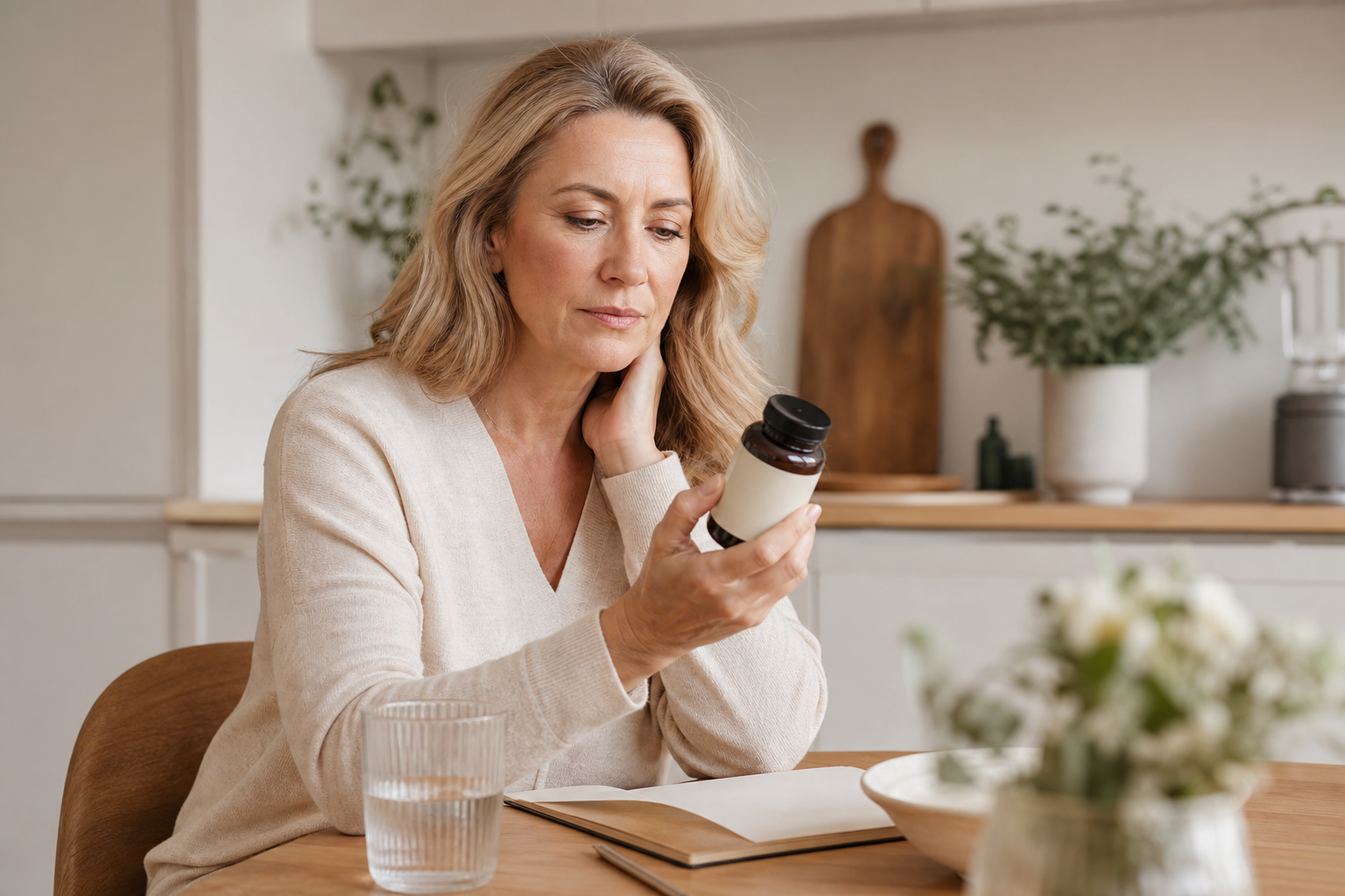 Nederlandse vrouw 51+ bekijkt rustig supplementinformatie aan tafel