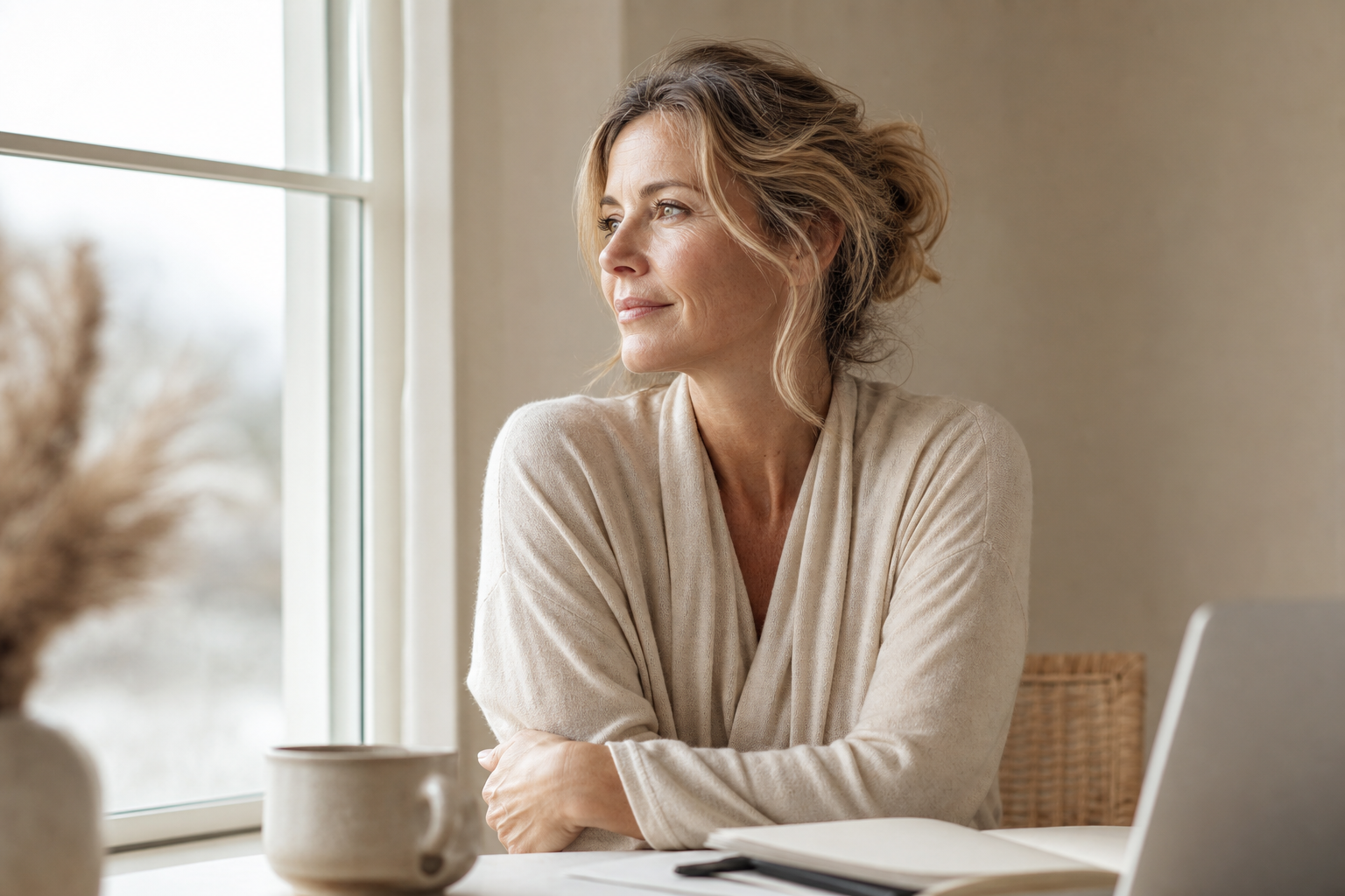 Nederlandse vrouw 48+ pauze tijdens drukke werkdag bij raam