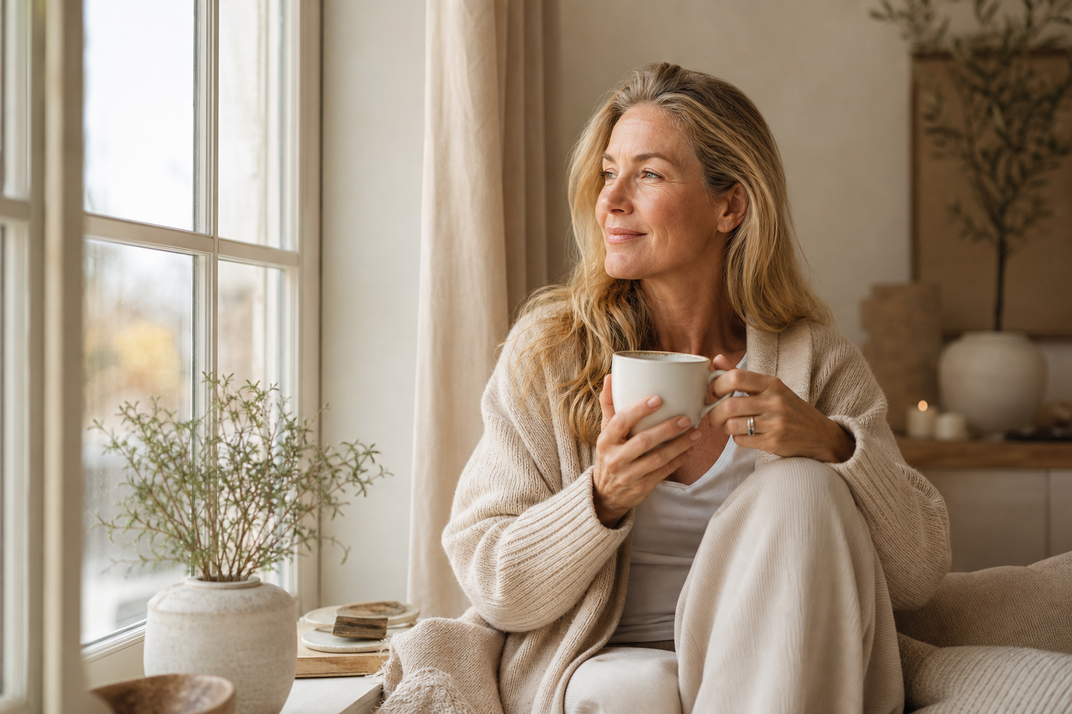 Nederlandse vrouw 54+ rustige ochtendroutine bij raam