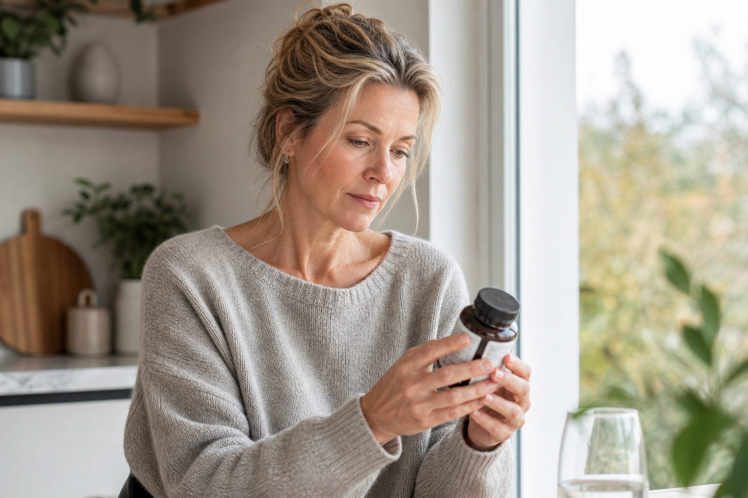 Nederlandse vrouw 49+ leest etiket bij keukenraam