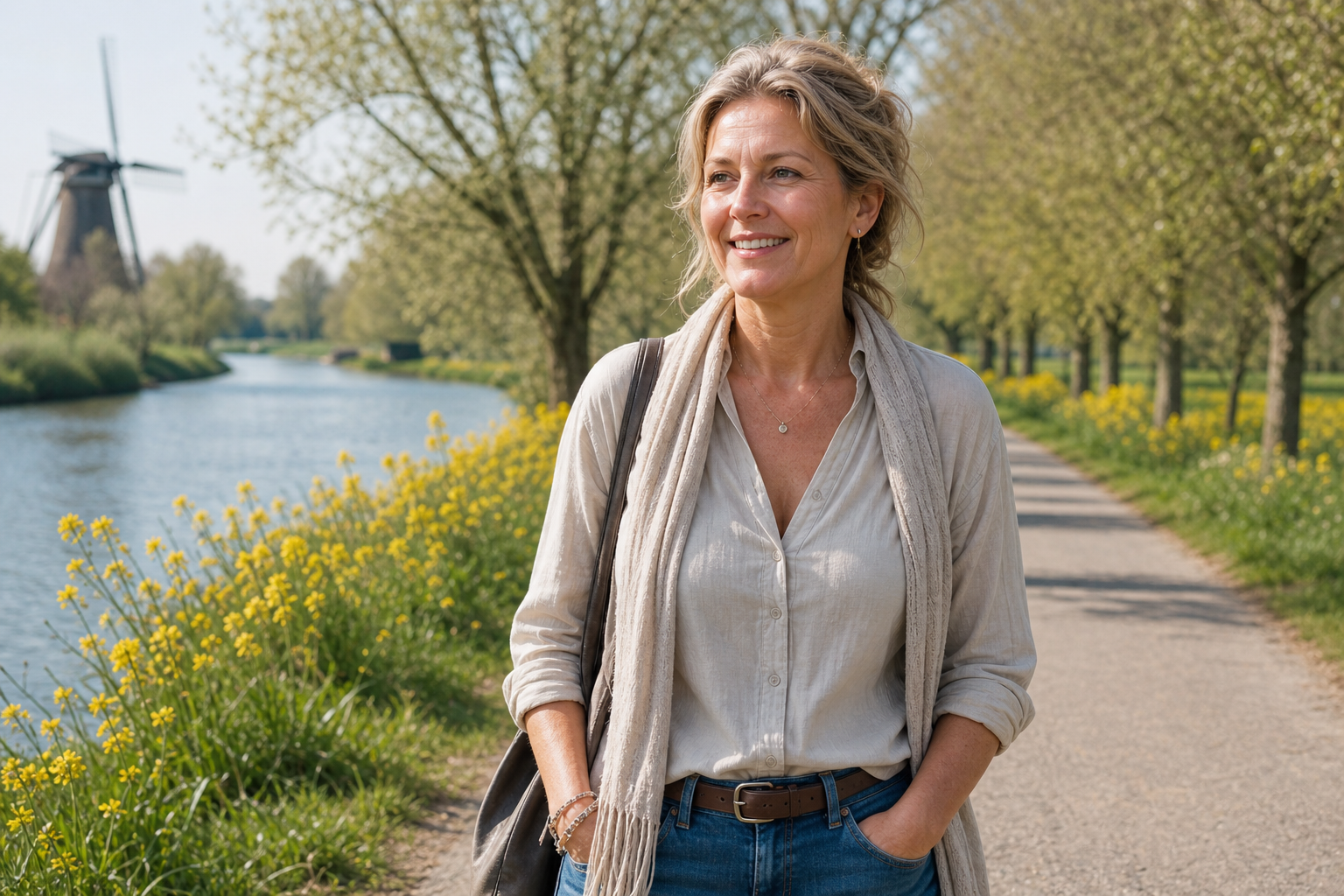 Nederlandse vrouw 52+ wandelt in lentezon