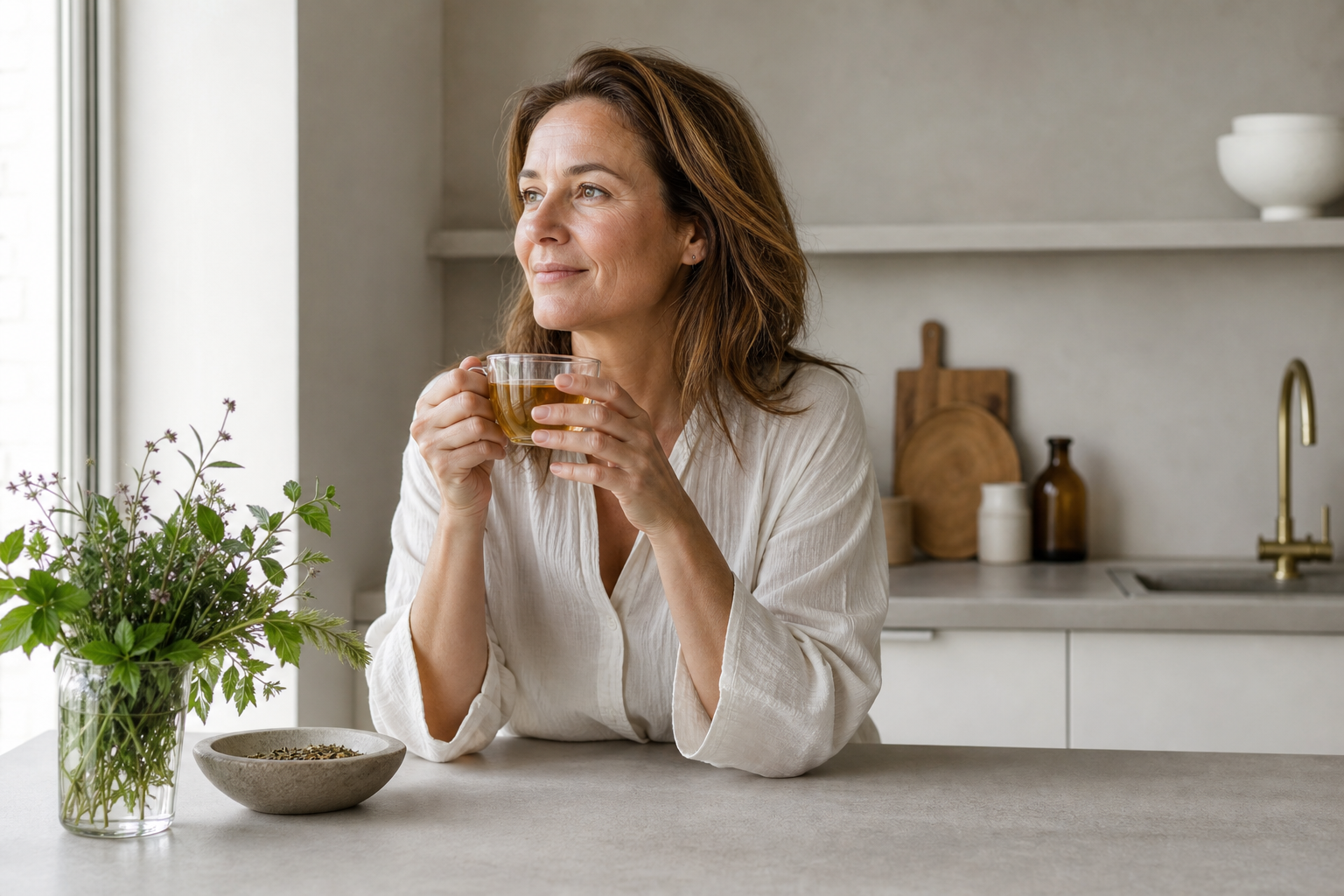 Nederlandse vrouw 47+ met kruidenthee in rustige keuken