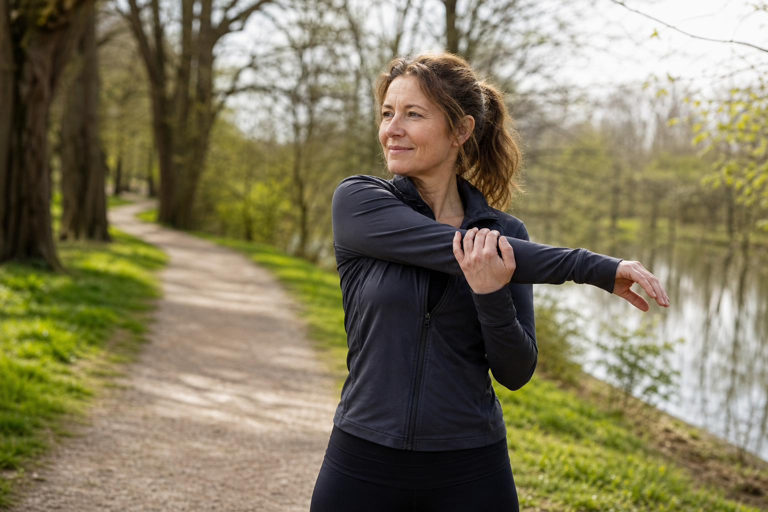 Nederlandse vrouw 48+ rekt uit na wandeling in park