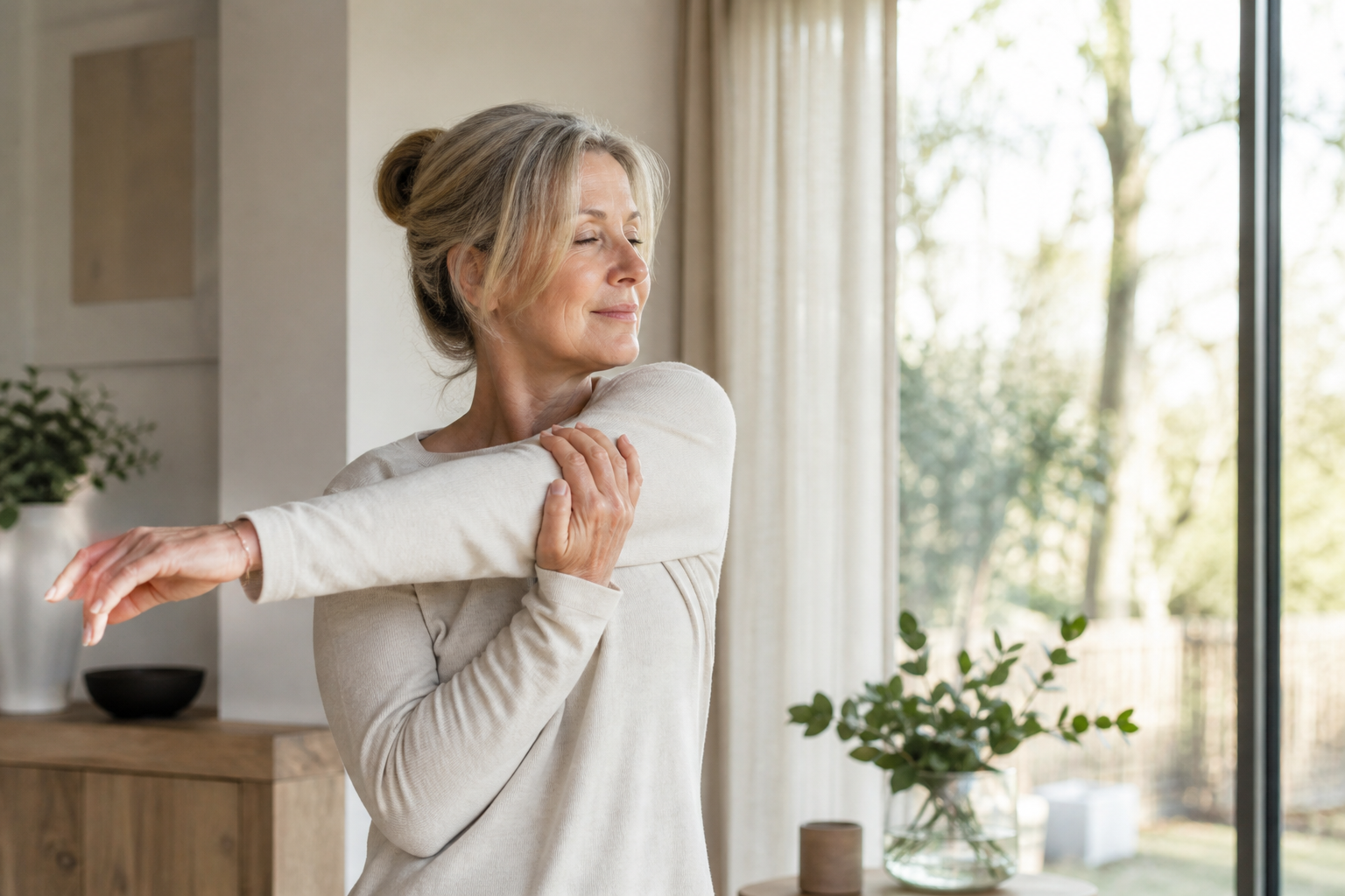 Nederlandse vrouw 50+ rustige stretch ochtend thuis