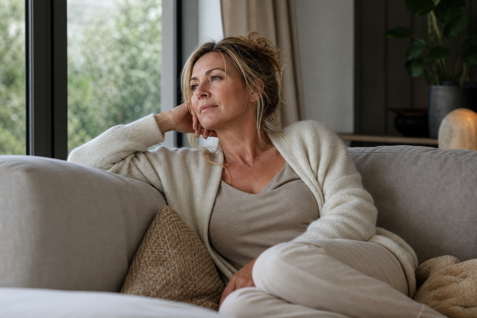 Nederlandse vrouw 48+ rustig op bank bij raam