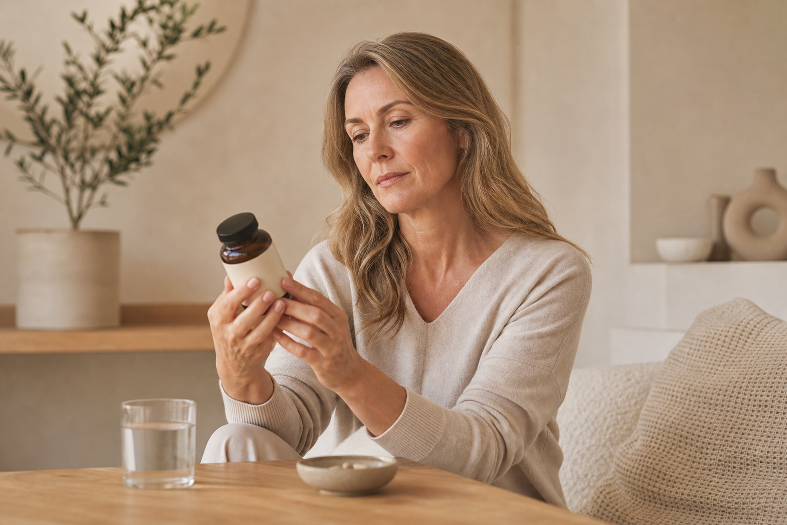 Nederlandse vrouw 50+ leest rustig supplementinformatie