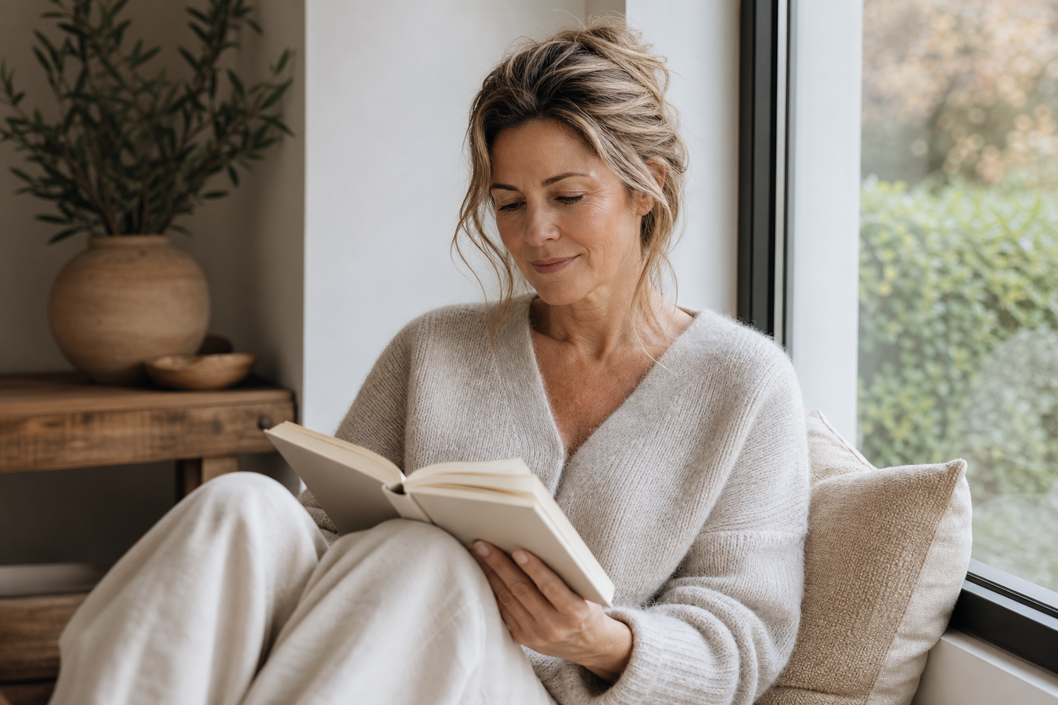 Nederlandse vrouw 54+ leest rustig boek bij raam