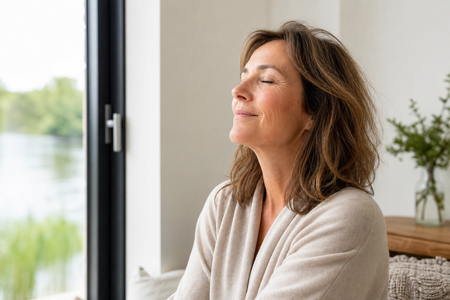 Nederlandse vrouw 47+ rustig ademhalen bij raam