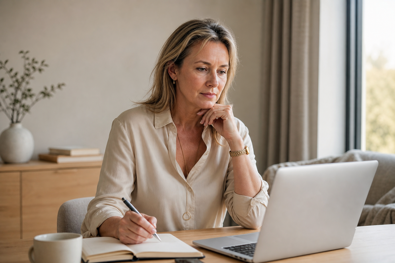 Nederlandse vrouw 49+ aan bureau met notities