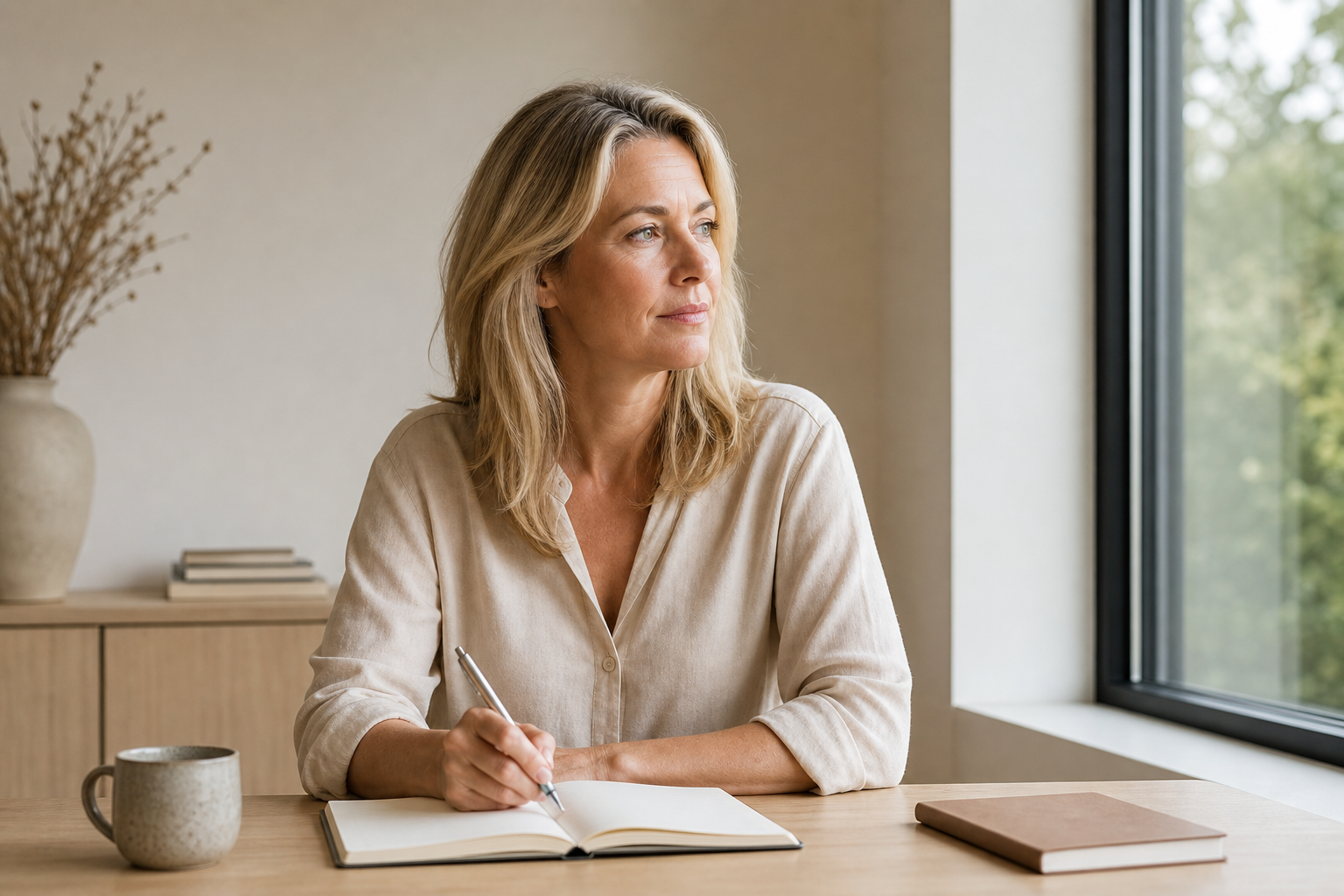 Nederlandse vrouw 47+ aan licht houten bureau met notitieboek
