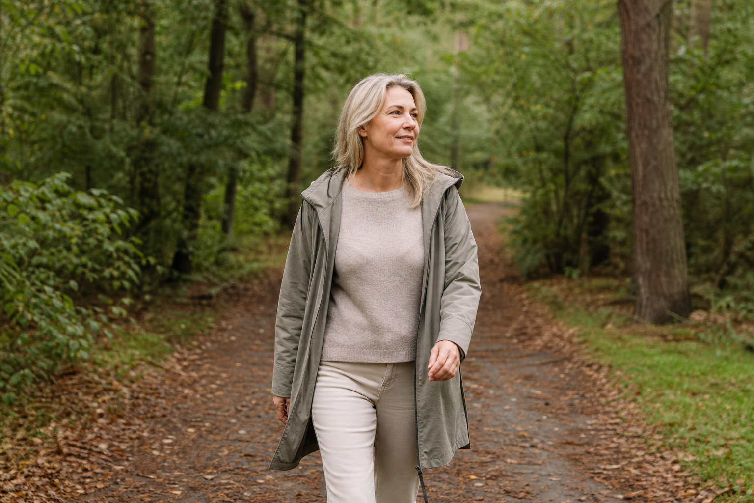 Nederlandse vrouw 51+ wandelt in Nederlands park, ochtendmist